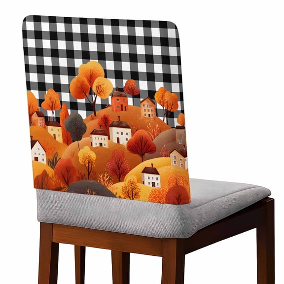 Chair Covers Set of 4 Fall Hills House Tree Black White Plaid Cartoon Fall Chair Back Covers Stretch Removable Washable Slipcovers Seat Protector for Dining Room Kitchen Party Decor