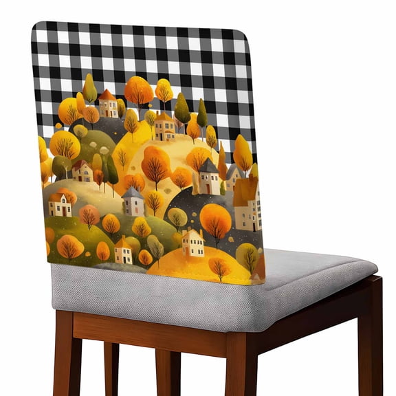Chair Covers Set of 4 Fall Hills House Tree White Black Plaid Cartoon Fall Chair Back Covers Stretch Removable Washable Slipcovers Seat Protector for Dining Room Kitchen Party Decor