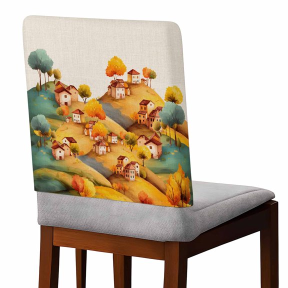 Chair Covers Set of 4 Fall Hills Tree House Vintage Linen Texture Cartoon Fall Chair Back Covers Stretch Removable Washable Slipcovers Seat Protector for Dining Room Kitchen Party Decor