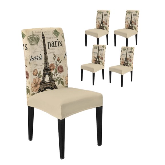 Chair Covers Set of 4, Paris Architecture Tower Crown Removable Stretchable Parsons Chair Slipcovers Protector for Kitchen Dining Room, Blossom Flower Stamp Texture
