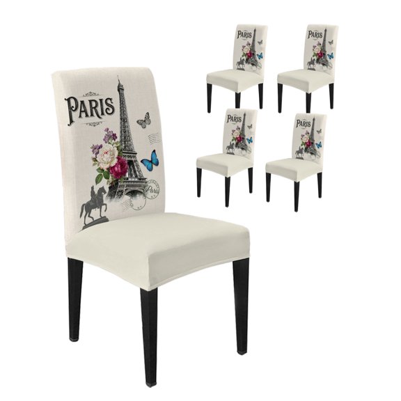 Chair Covers Set of 4, Paris Iconic Architecture Tower on Linen Removable Stretchable Parsons Chair Slipcovers Protector for Kitchen Dining Room, Flower Butterfly Stamp