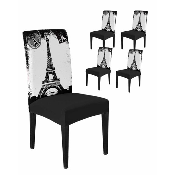 Chair Covers Set of 4, Vintage Black White Building Eiffel Tower Removable Stretchable Parsons Chair Slipcovers Protector for Kitchen Dining Room, Retro Stamps