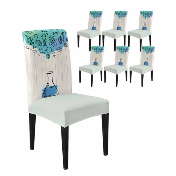 Chair Covers Set of 6, Chemical Formula Beaker on Wood Grain Removable Stretchable Parsons Chair Slipcovers Protector for Kitchen Dining Room, School Season