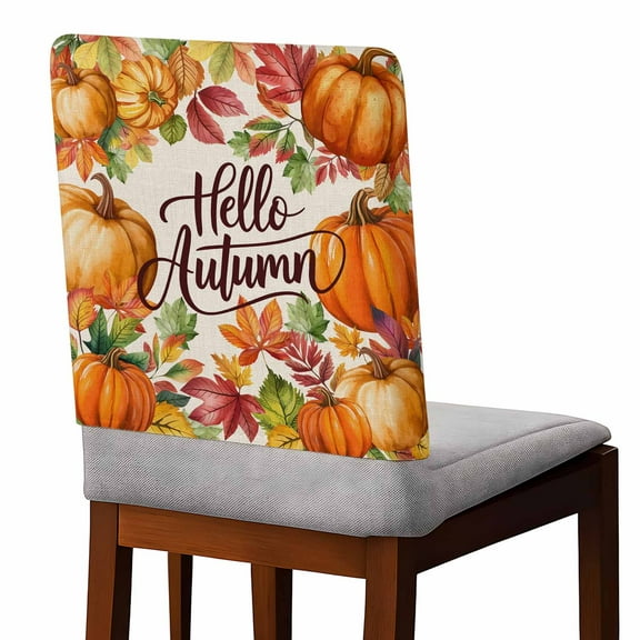 Chair Covers Set of 6 Fall Pumpkin Maple Leaf Plant Thanksgiving Hello Autumn Linen Chair Back Covers Stretch Removable Washable Slipcovers Seat Protector for Dining Room Kitchen Party Decor