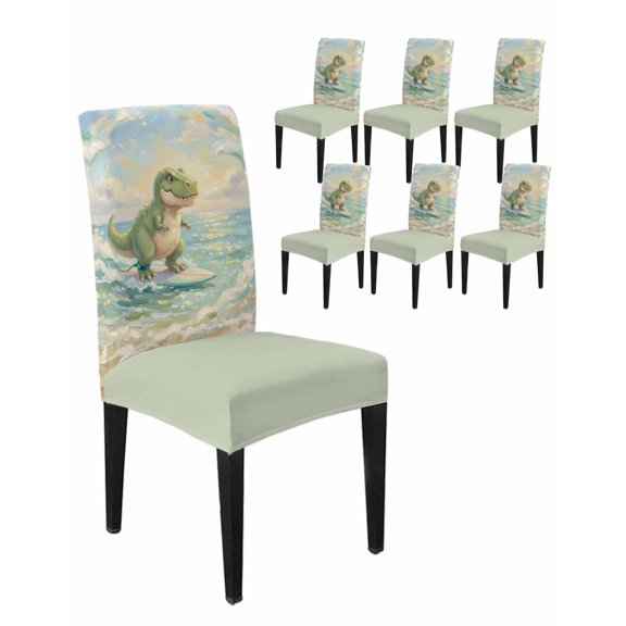 Chair Covers Set of 6, Surfing Dinosaur Beach Art Removable Stretchable Parsons Chair Slipcovers Protector for Kitchen Dining Room, Watercolor Sunset Beach