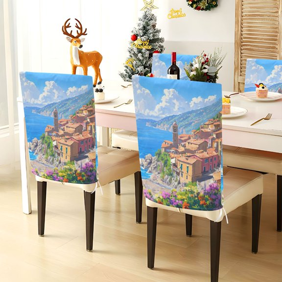 YAZAOO Chair Covers Set Home Kitchen Colorful Coastal Village Painting Party Decor Seat Back Cover Protector