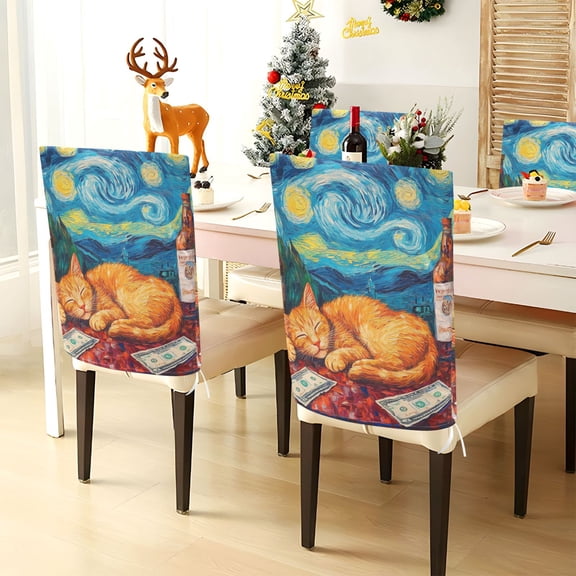 YAZAOO Chair Covers Set Home Kitchen Sleeping Cat Print Party Decor Seat Back Cover Protector
