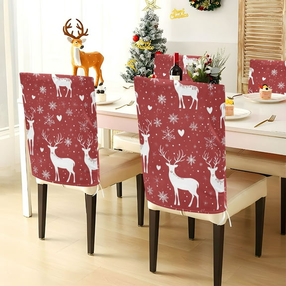 YAZAOO Chair Covers Set Home Kitchen Snowflake and Cute Reindeer Pattern Party Decor Seat Back Cover Protector