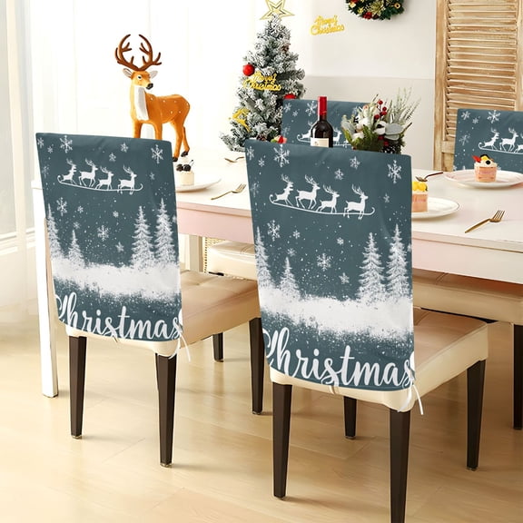 YAZAOO Chair Covers Set Home Kitchen White Snowflakes Reindeer Party Decor Seat Back Cover Protector