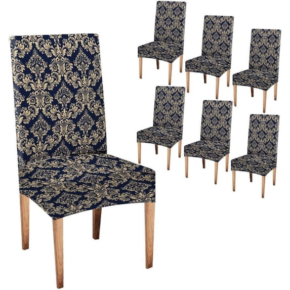 Chair Covers Set of 6 Floral Pattern Wallpaper Baroque Seamless Background Gold and Dark Blue O Spandex Super Fit Stretch Removable Washable Kitch