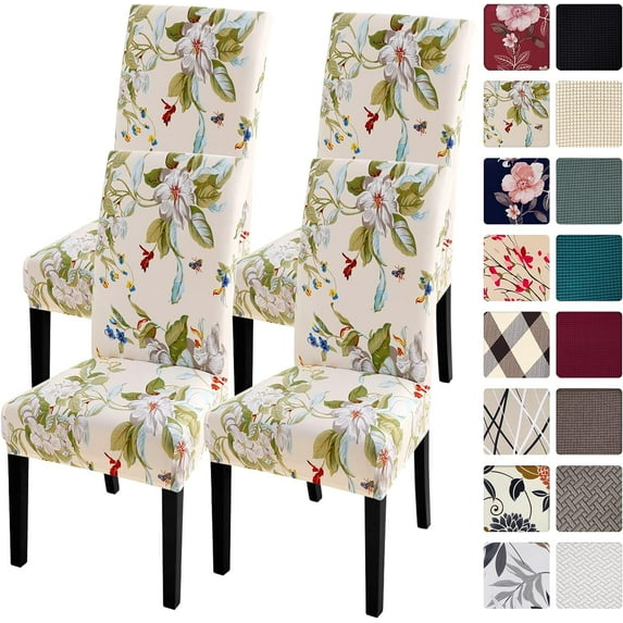 Chair Covers Slipcovers Set of 4, Spandex Super Fit Stretch Removable Washable Kitchen Parsons Protector for Dining Room,Hotel,Ceremony,Beige+Flowers