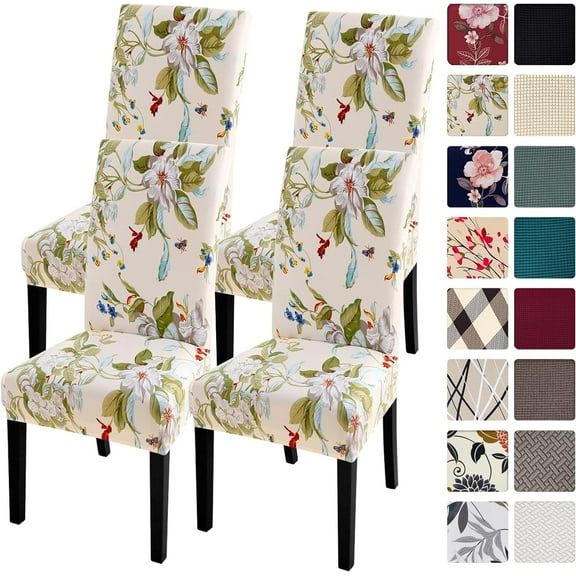Chair Covers Slipcovers Set of 4, Spandex Super Fit Stretch Removable Washable Kitchen Parsons Protector for Dining Room,Hotel,Ceremony,Beige+Flowers