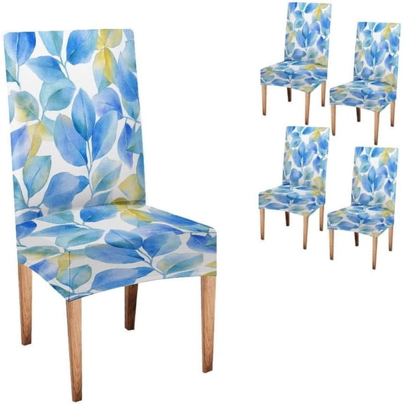 Chair Covers for Dining Chairs Set of 4 Blue Leaves Chair Protectors Covers Seat Covers for Dining Chairs for Dining Room Hotel Kitchen