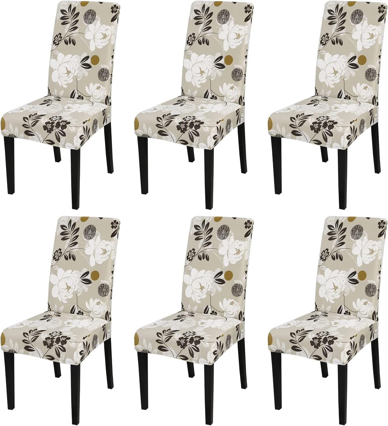 Set of 6 Beige Floral Stretch Dining Chair Covers