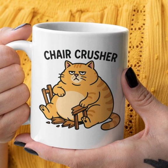 Chair Crusher Funny Fat Cat Coffee Mug, Sarcastic Orange Tabby Illustration for Cat Lovers Ceramic Mug 11oz