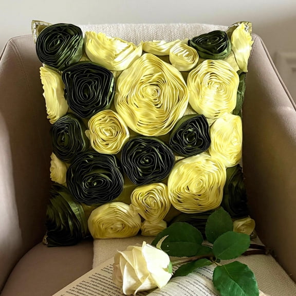 Chair Cushion Cover, Olive Green Throw Pillows Couch 16x16 inch (40x40 cm), Silk Pillowcase With Zipper, Nature & Floral, Ribbon Embroidery, Modern Accent Throw - Vintage Olive Lover