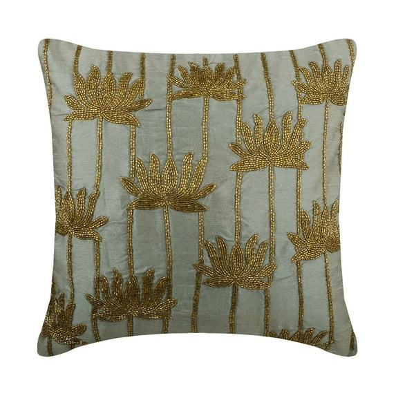 Chair Cushion Cover, Silver 20"x20" (50x50 cm) Pillow Covers, Silk Lotus & Beaded Throw Pillows For Sofa, Nature & Floral Pattern Modern Style - Golden Lotus