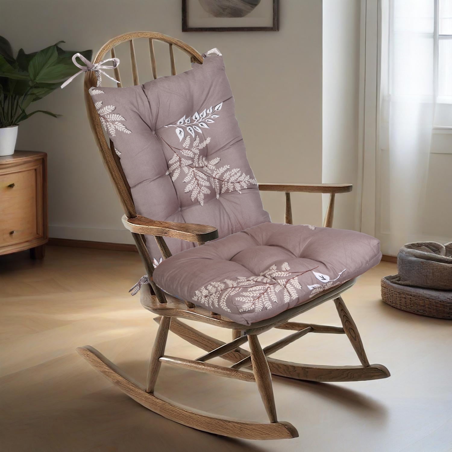 Outdoor Rocking Chair Cushion Upper and Lower Rocking Chair Seat Cushion Set with Non-Slip Ties for Indoor Outdoor Coffee Mimosa Leaves