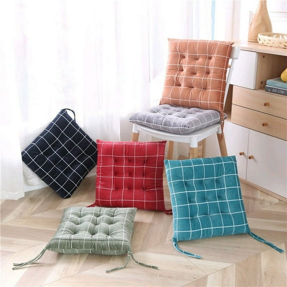 Chair Cushion with Ties, Square Check Pattern Cute Decorative Throw Pillows Soft Seat Cushion Pad Bedroom Bench Sofa Playroom Home Decoration Aesthetic for Girls Kids (Orange)