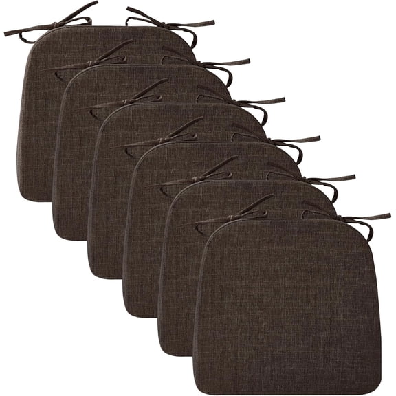Chair Cushions for Dining Chairs, 2" Thick Seat Cushions for Kitchen Chairs, D-Shaped Chair Pads with Washable Cover, Ties and Non Slip Backing, 17'' x 16'', Set of 6, Brown