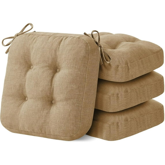Chair Cushions for Dining Chairs, Dining Chair Cushions, Tufted Indoor Chair Pads with Ties & Non Slip Backing, Seat Cushions for Kitchen Chairs 16.5” x 16.5” x 3.5”, Set of 4, Khaki