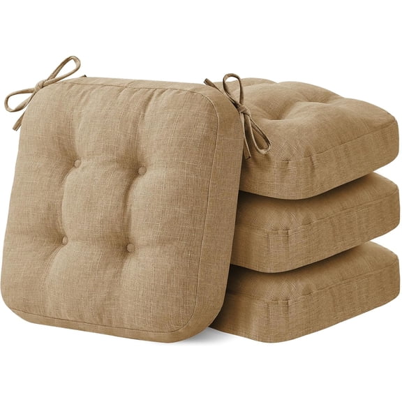Chair Cushions for Dining Chairs, Dining Chair Cushions, Tufted Indoor Chair Pads with Ties & Non Slip Backing, Seat Cushions for Kitchen Chairs 16.5” x 16.5” x 3.5”, Set of 4, Khaki