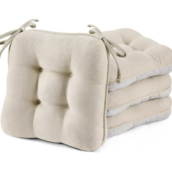 Chair Cushions for Dining Chairs Set of 4,3.5" Thick Kitchen Table Chair Pads with Ties,Non Slip Backing and Covers, Seat Cushion for Dining Room,Bar,Patio Chairs,16"X16"X3.5",Beige