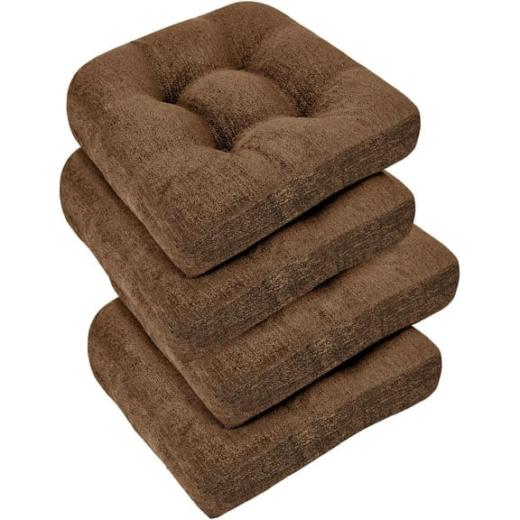 Chair Cushions for Dining Chairs 4 Pack, Tufted Indoor Chair Pads with Non-Slip Bottom, U-Shaped Kitchen Chair Cushions, 17"x17"x4", Brown