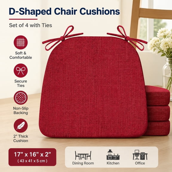 Chair Cushions for Dining Chairs Set of 4, Non Slip Kitchen Seat Pads 17"x16"x2" with Ties, D-Shaped Indoor Dining Chair Pads, Red