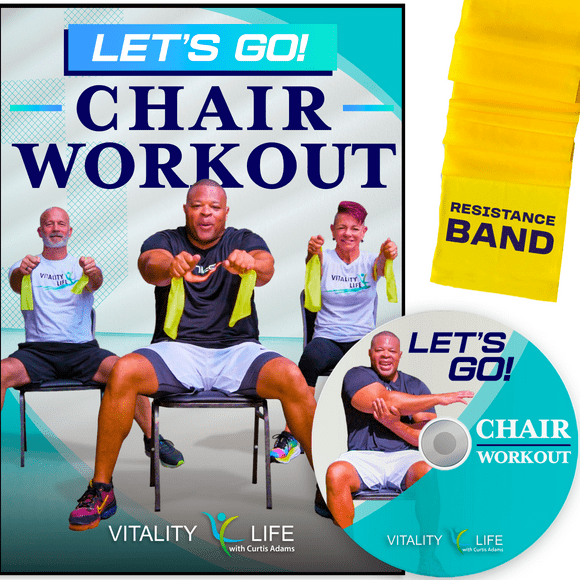 Chair Exercises for Seniors DVD + Band. Fun seated exercise videos. Chair workouts for seniors DVD. Chair aerobics for seniors DVD. Resistance bands DVD workout Videos for women, men, beginners.