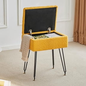Chair, Faux Teddy Fur with Metal Le & Adjustable Black Feet, Flip Top Storage Makeup Stool with Soft Padded Seat, Foot Rest for Makeup Room Bedroom, Yellow