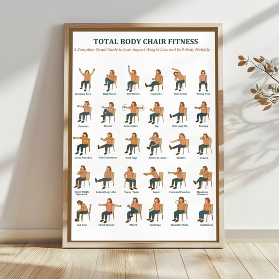 Chair Fitness Workout Chart Full Body Mobility Art Seated Exercise Guide Home Fitness Wall Chart Low Impact Workout, Unframed Paper Print