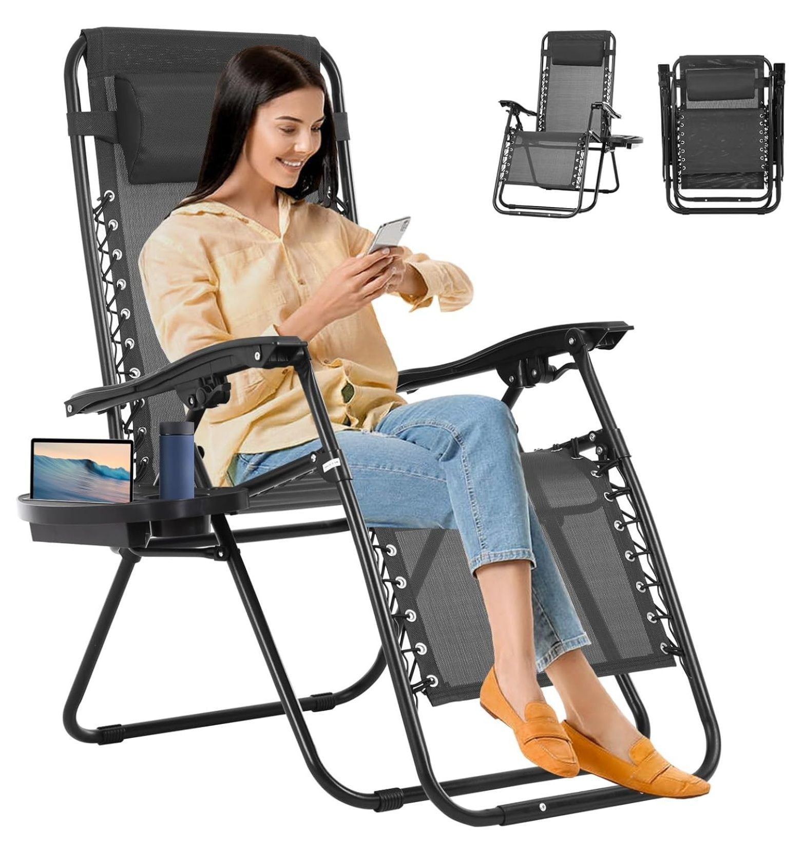 Chair, Folding Patio Lounge Chair with Cup Holder and Remove Headrest ...