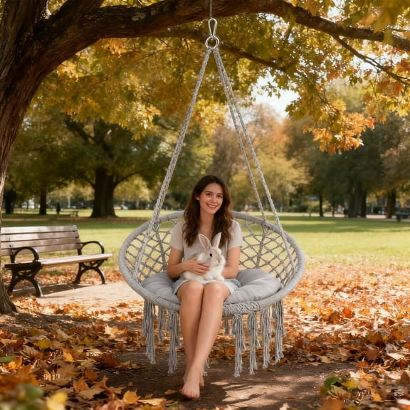 Chair Hammock for Bedroom, 330 lb Safe Design, Metal Frame Edge, Gray Macrame Hammock Chair, Hanging Lounge Chair, Dedicated to Den, Siesta, Nook