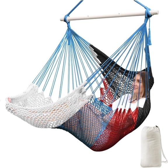 Chair Handmade Hanging Chair Cotton Rope Woven Hanging Seat Soft-Spun Large Stretch Hammock Swing, Collapsible Strong Metal Spreader Bar Elegant Macrame Comfort Indoor Outdoor Garden