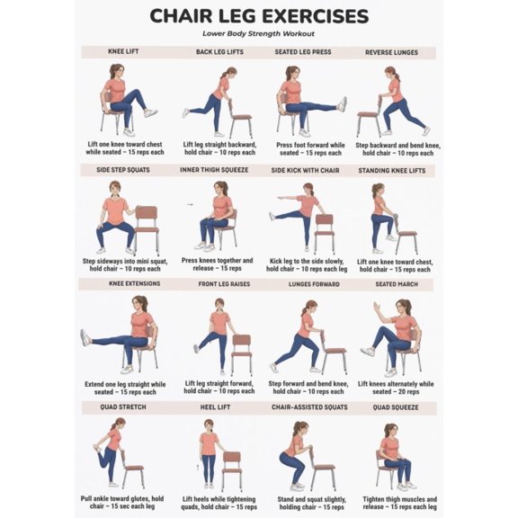 Chair Leg Exercise Poster, Sitting Leg Exercise Chart, Quadruple Strength Exercise Poster, Lower Body Home Exercise, Fitness Exercise Chart Poster