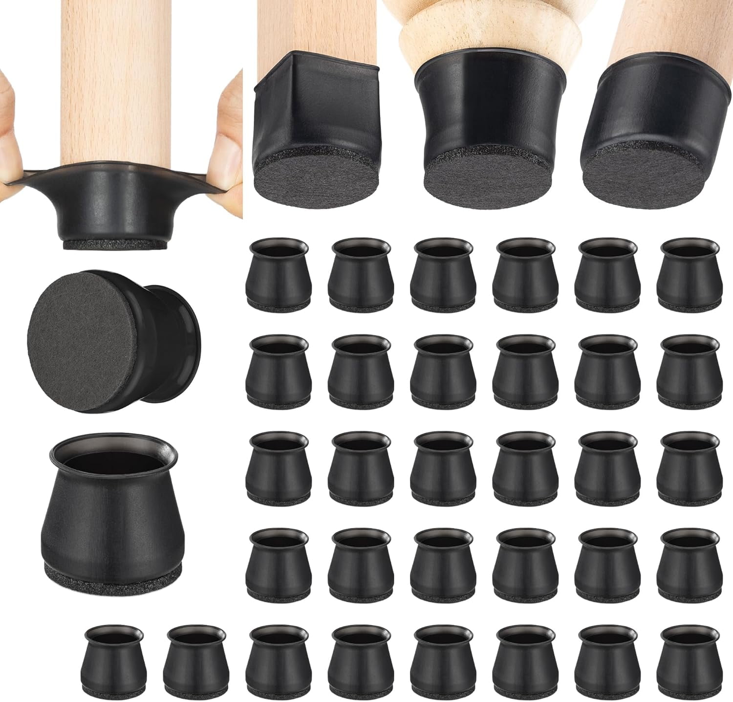 Chair Leg Floor Protectors - 16 pcs Black - Felt Bottom Silicone Pads for Hardwood Floors & Furniture Feet - Rubber Caps for Chairs - Large