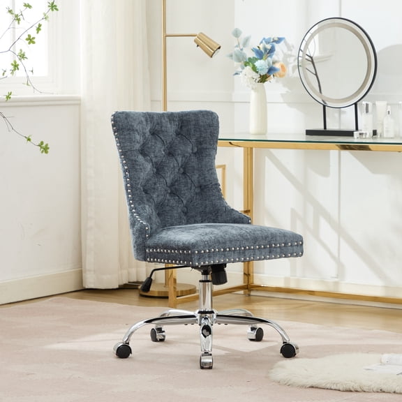 Furniture Modern Chenille Office Chair with Chrome Base - Tufted Button Back, Triple Elastic Support, Adjustable Swivel Desk Chair for Home Office