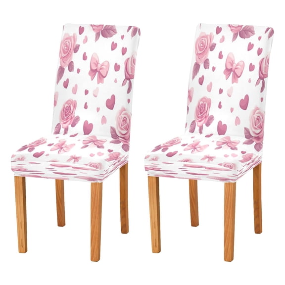 Chair Protector Cover Dining Chair Slipcovers Pack of 2, Removable Washable Seat Cover for Dining Room Wedding Pink Roses and Bows