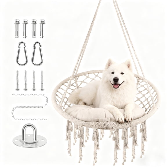 Chair Rope Swing Hanging Cotton Kits, Macrame Hammock with Hand-Woven Rope, Steel Spreader Bar Anti-Slip Rings,Cream White, Durable, Safe, Firm, for Outdoor Balcony