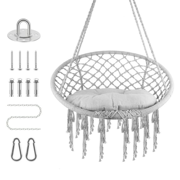 Chair Rope Swing Hanging Cotton Kits, Macrame Hammock - Hand-Woven Rope, Steel Spreader Bar Anti-Slip Rings, Gray, Firmly Woven, Comfortable, Safe, for Yard Patio