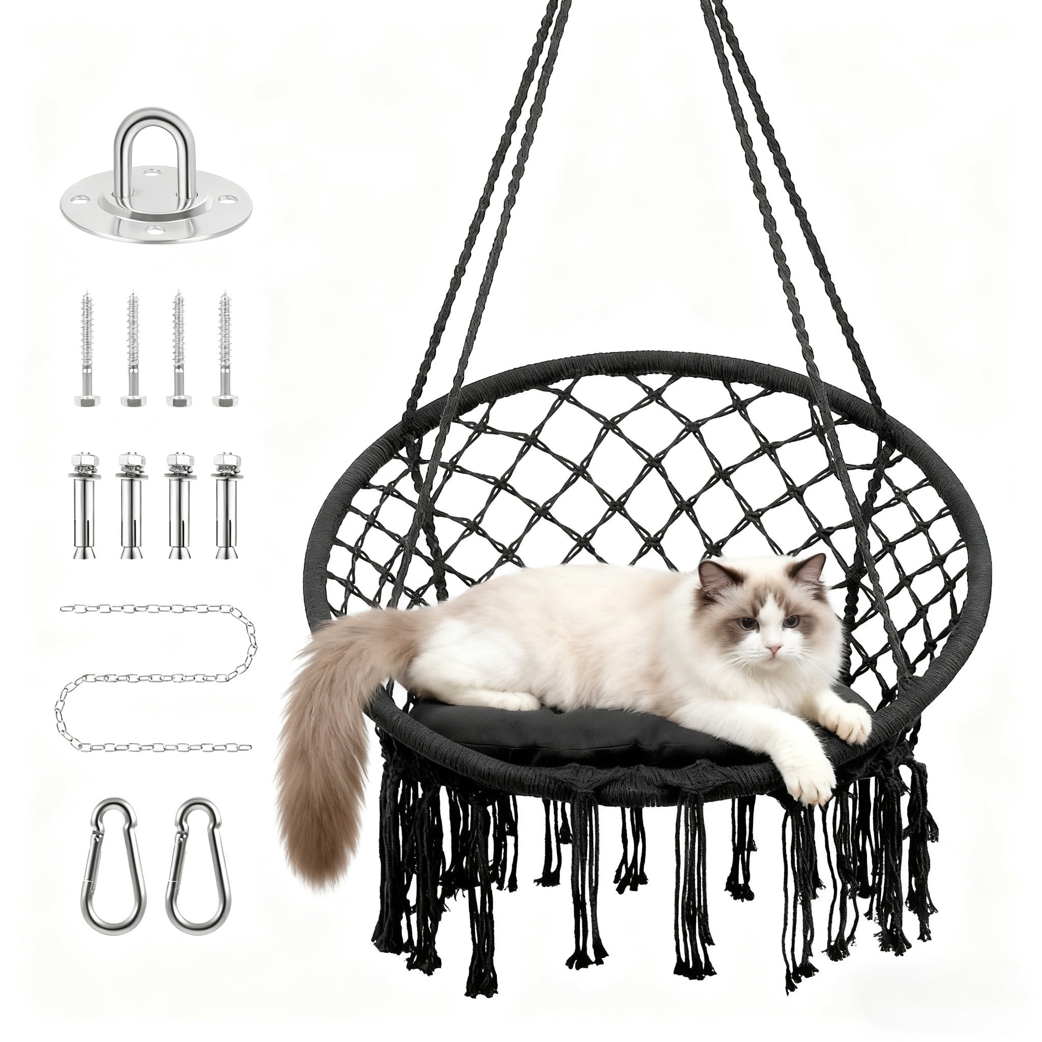 Chair Rope Swing Macrame Hammock, Hanging Cotton Kits - Hand-Woven Rope, Steel Spreader Bar Anti-Slip Rings, Black, Safe, Soft, Durable, for Porch Bedroom