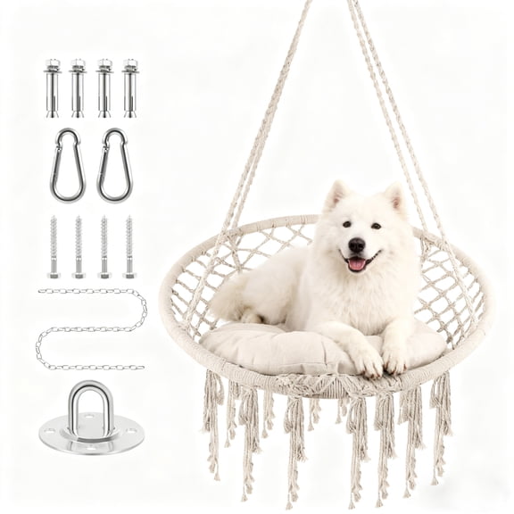 Chair Rope Swing Macrame Hammock, Hanging Cotton Kits with Hand-Woven Rope, Steel Spreader Bar Anti-Slip Rings, Cream White, Comfortable, Easy Install, Safe, for Balcony Yard