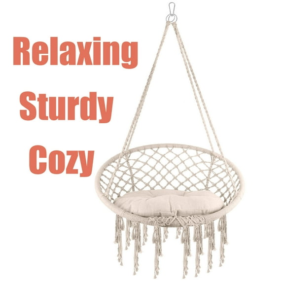 Chair Rope Swing Macrame Hammock, Hanging Cotton Kits, Hand-Woven Rope, Steel Spreader Bar Anti-Slip Rings, Cream White, Durable, Easy Install, Safe, for Balcony Outdoor