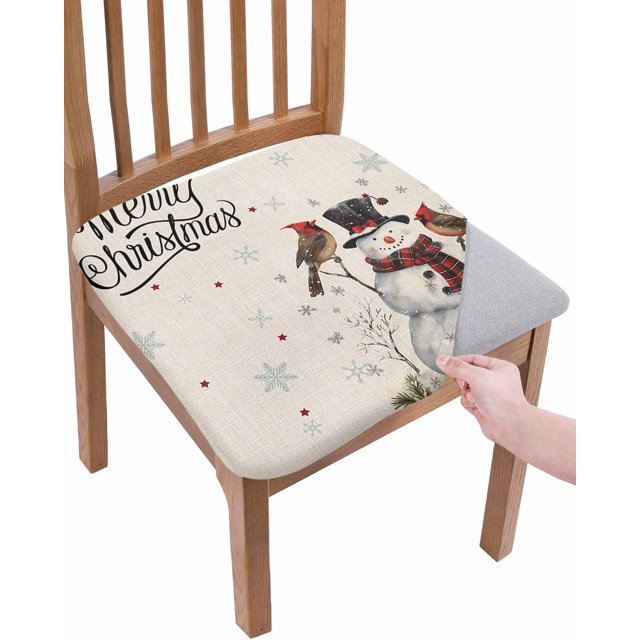 Chair Seat Covers, Christmas Day Winter Snowman Red Sparrow Hat Scarf
