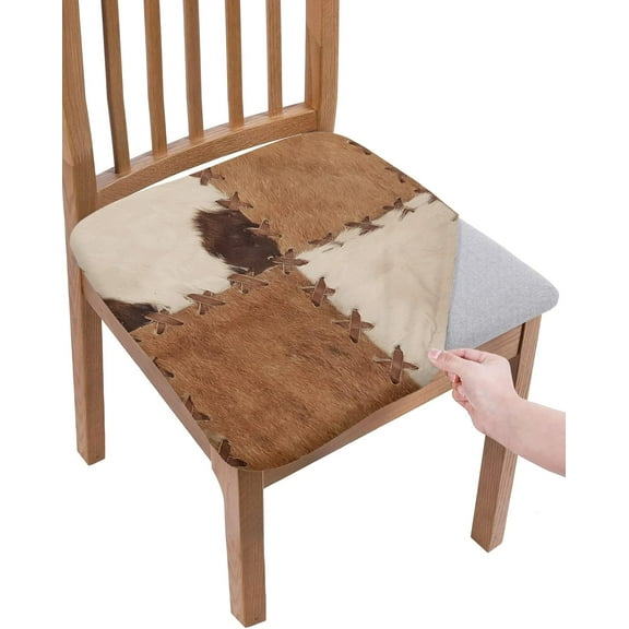 Dining Room Chair Seat Covers, Cow Print Vintage Animal Brown Removable Stretch Chair Seat Cushion Slipcovers Protector for Holiday Party Festival Decoration, Set of 4