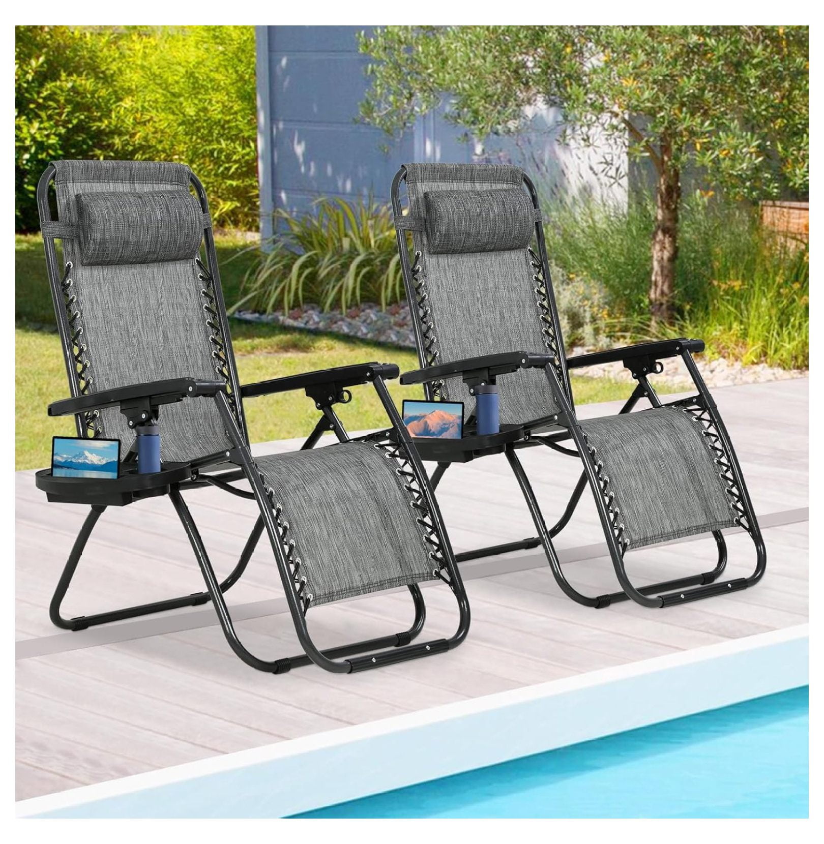 Outdoor Recliner Adjustable Folding Patio Lounge Chair Pillows And Cup Holder Trays For Beach main image 1