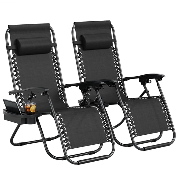 Chair Set of 2, Outdoor Patio Lounge Chairs with Pillow & Cup Holder Tray, Adjustable Reclining Folding Chairs for Beach, Yard,Black