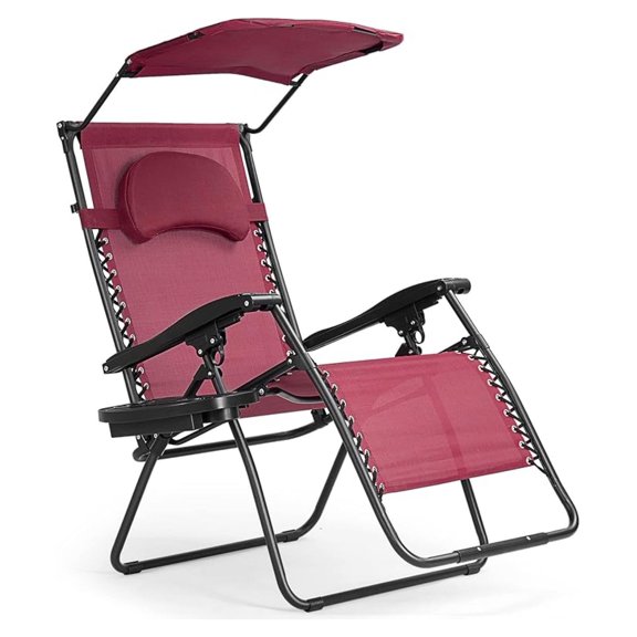 Chair with Shade Canopy, Reclining Lounge Chair with Adjustable Canopy Headrest, 0-170 Degrees Recliner & Cup Holder, Folding Lawn Chair for Patio Poolside, Burgundy