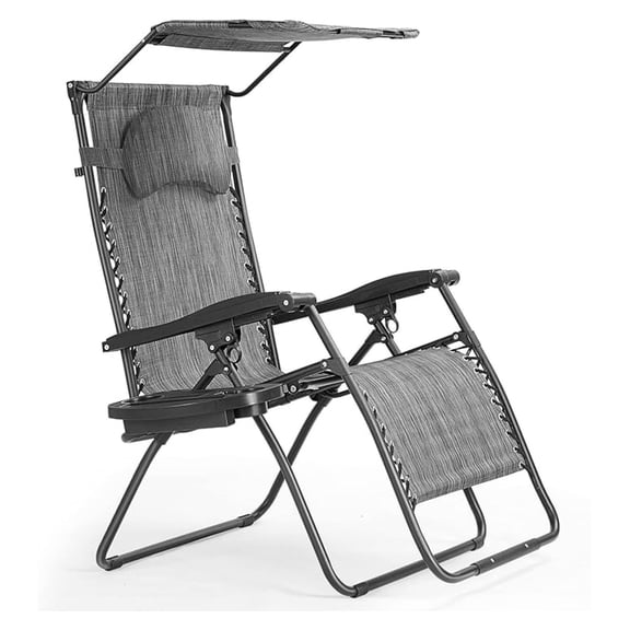 Chair with Shade Canopy, Reclining Lounge Chair with Adjustable Canopy Removable Headrest, Cup Holder, Folding Lawn Chair for Patio Poolside, Assembly-Free, Gray